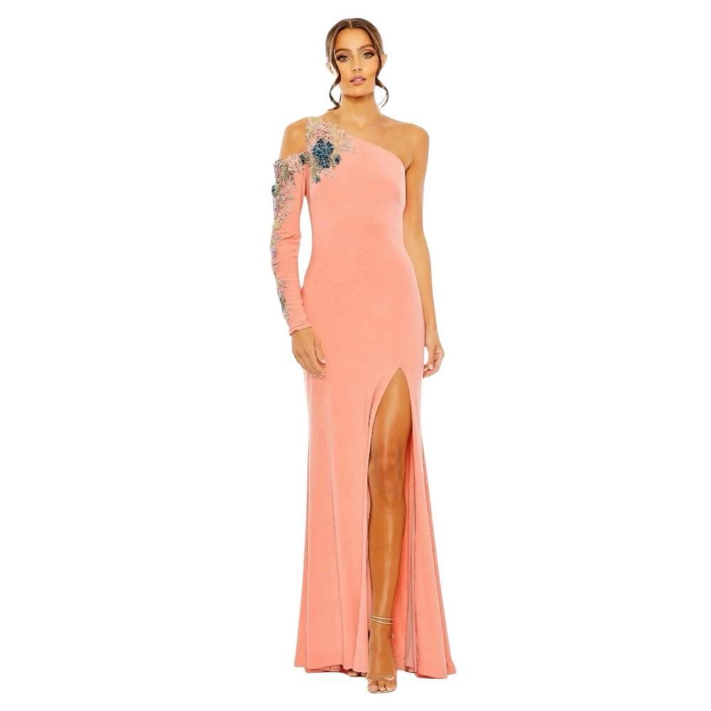 Mac Duggal 2204 Peach One Shoulder Sequins Embroidered Appliqué Gown Size 6 $598